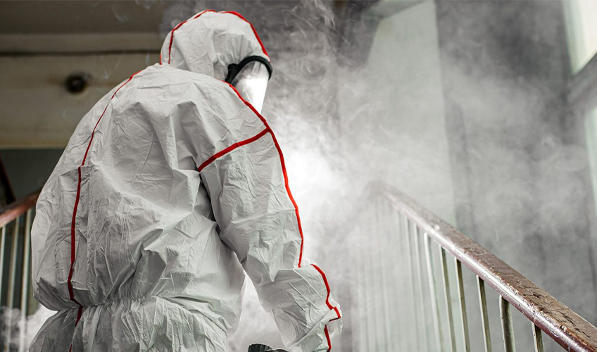 Person mit Schutzkleidung bei der Gebäudesanierung im Bereich Schadstoffentfernung